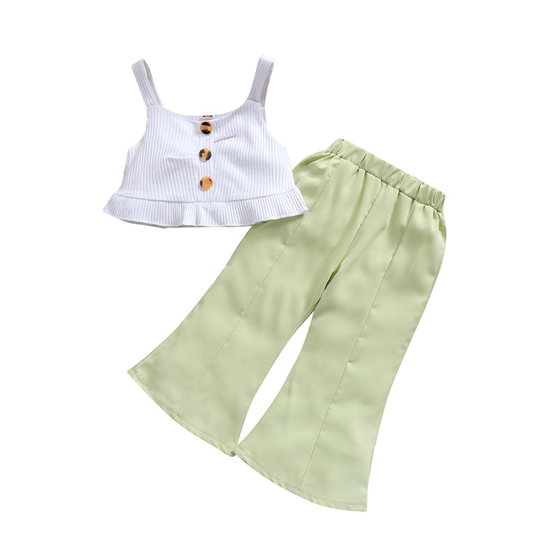 2 Pieces Set Baby Kid Girls Muslin&Ribbed Tank Tops And Solid Color Pants Wholesale 220407225