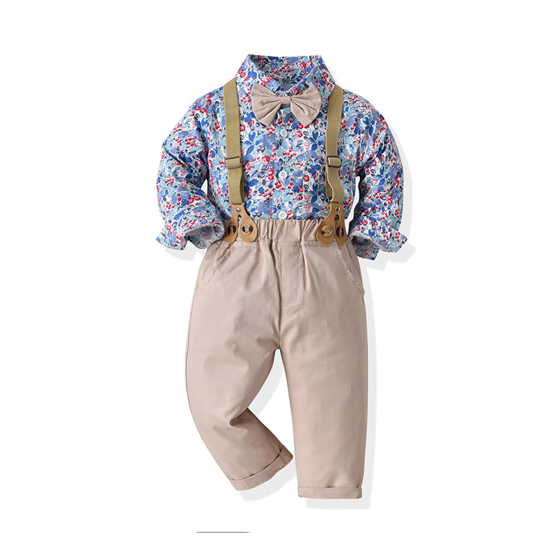 2 Pieces Set Baby Kid Boys Flower Bow Print Shirts And Solid Color Pants Suits Wholesale 220407246