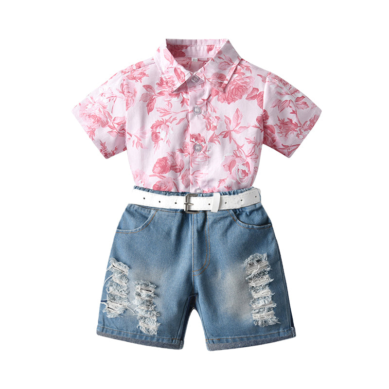 2 Pieces Set Baby Kid Girls Boys Flower Print Shirts And Ripped Shorts Wholesale 220407284