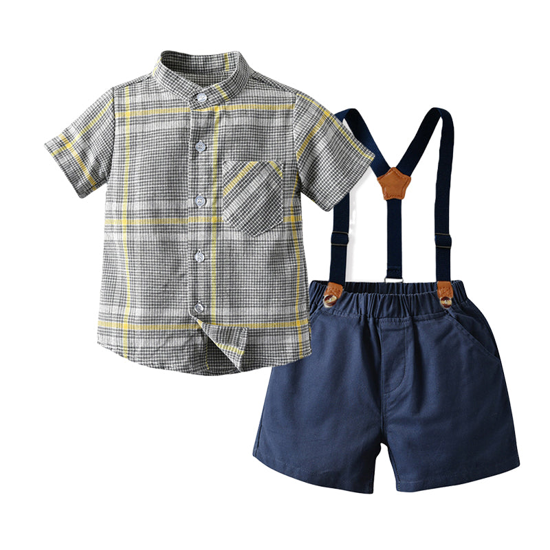 2 Pieces Set Baby Kid Boys Dressy Checked Shirts And Solid Color Rompers Wholesale 220407285