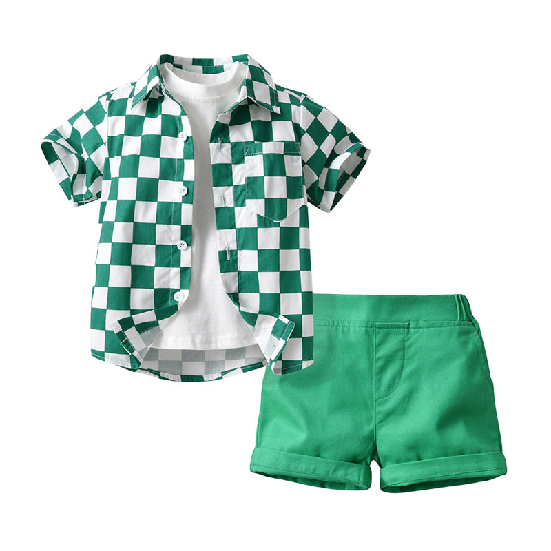 3 Pieces Set Baby Kid Big Kid Boys Solid Color T-Shirts And Checked Shirts And Shorts Wholesale 220407301