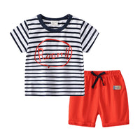 Load image into Gallery viewer, 2 Pieces Set Baby Kid Boys Striped Letters Cartoon Print T-Shirts And Ribbon Shorts Wholesale 220407302
