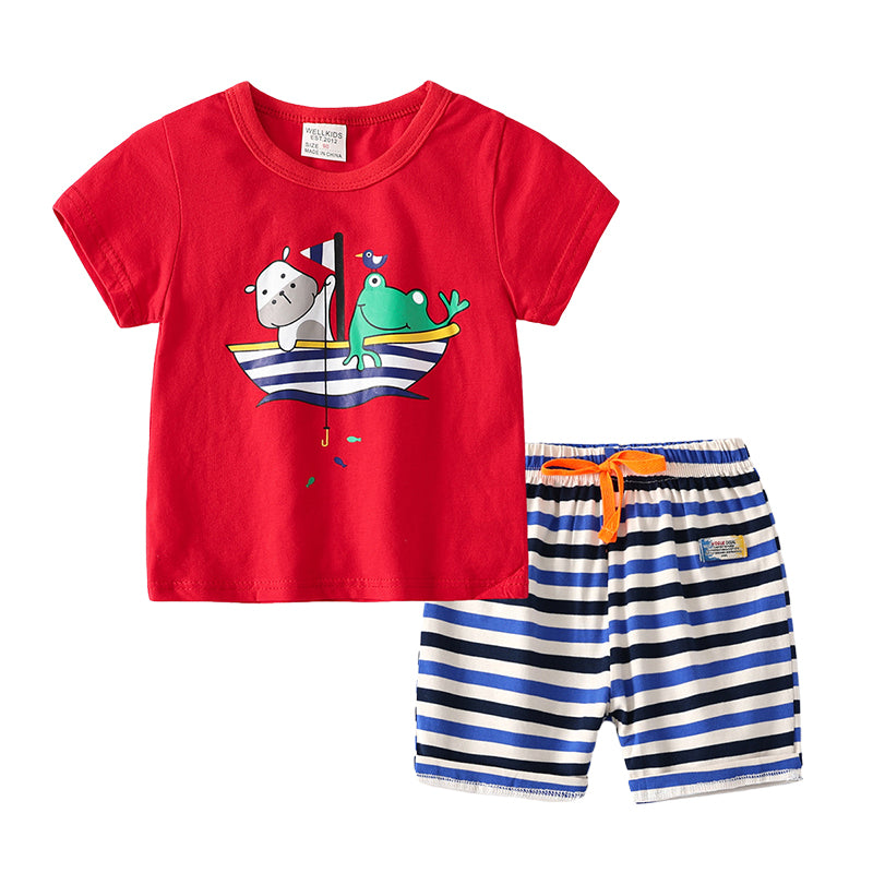 2 Pieces Set Baby Kid Boys Striped Letters Cartoon Print T-Shirts And Ribbon Shorts Wholesale 220407302