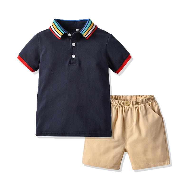 2 Pieces Set Baby Kid Boys Solid Color Striped Polo Shirts And Shorts Wholesale 22040733