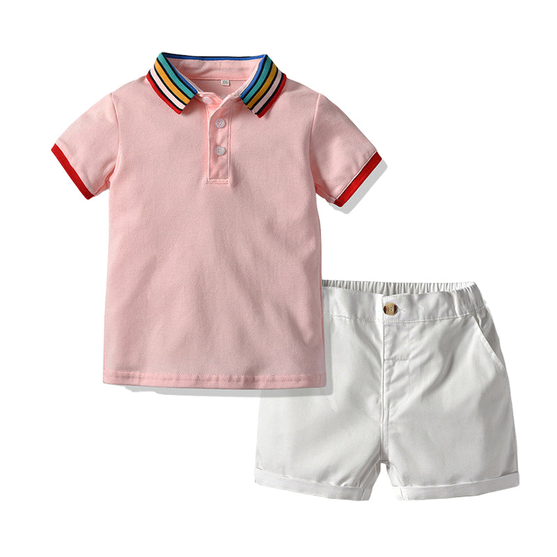 2 Pieces Set Baby Kid Boys Solid Color Striped Polo Shirts And Shorts Wholesale 22040735