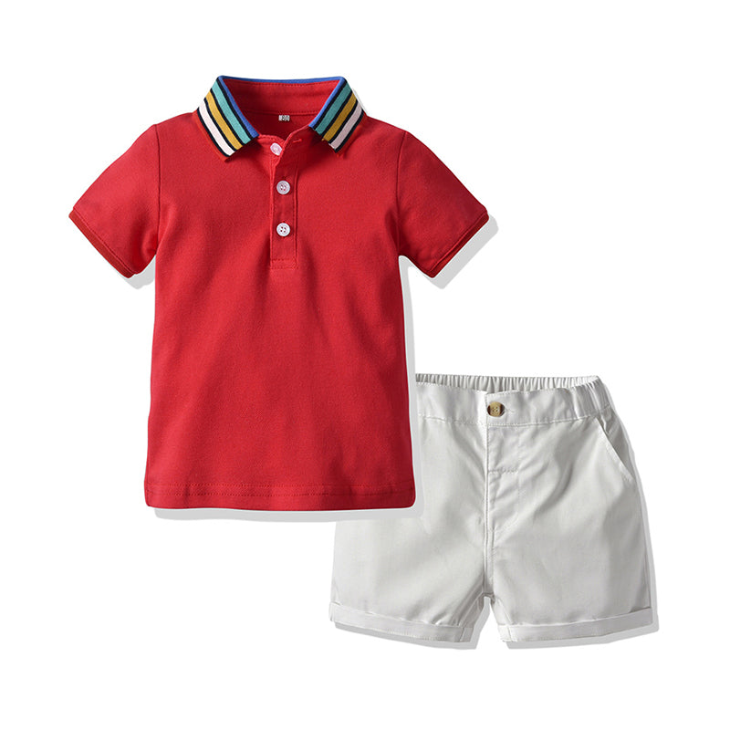 2 Pieces Set Baby Kid Boys Striped Polo Shirts And Solid Color Shorts Wholesale 22040737