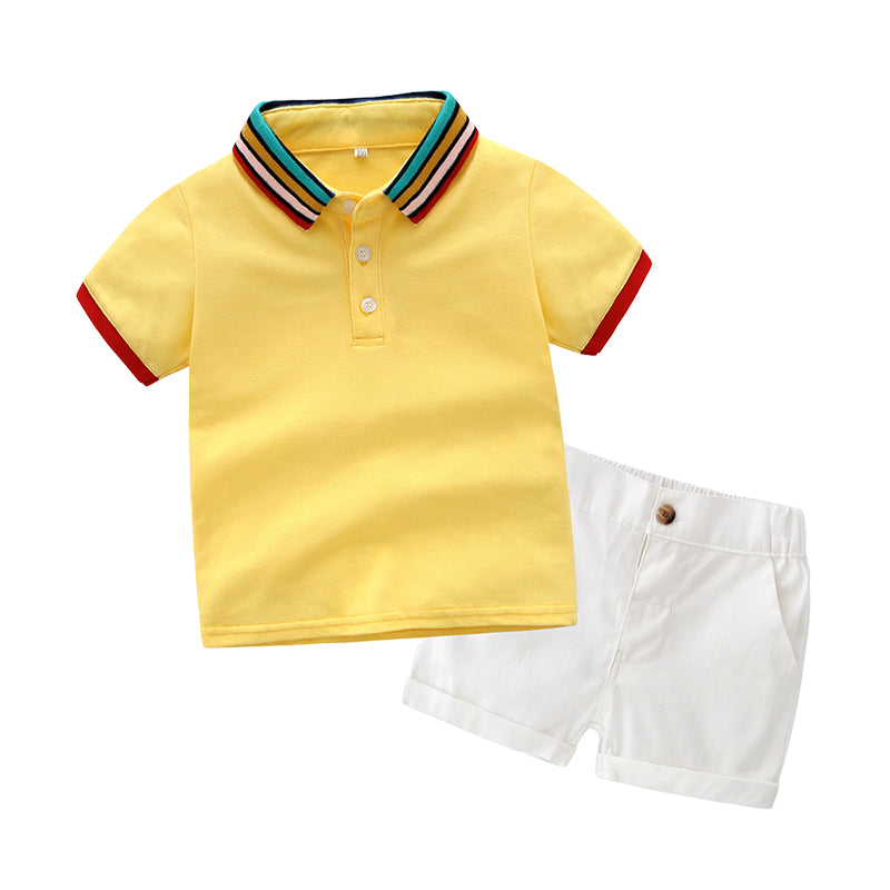 2 Pieces Set Baby Kid Boys Striped Polo Shirts And Solid Color Shorts Wholesale 22040739
