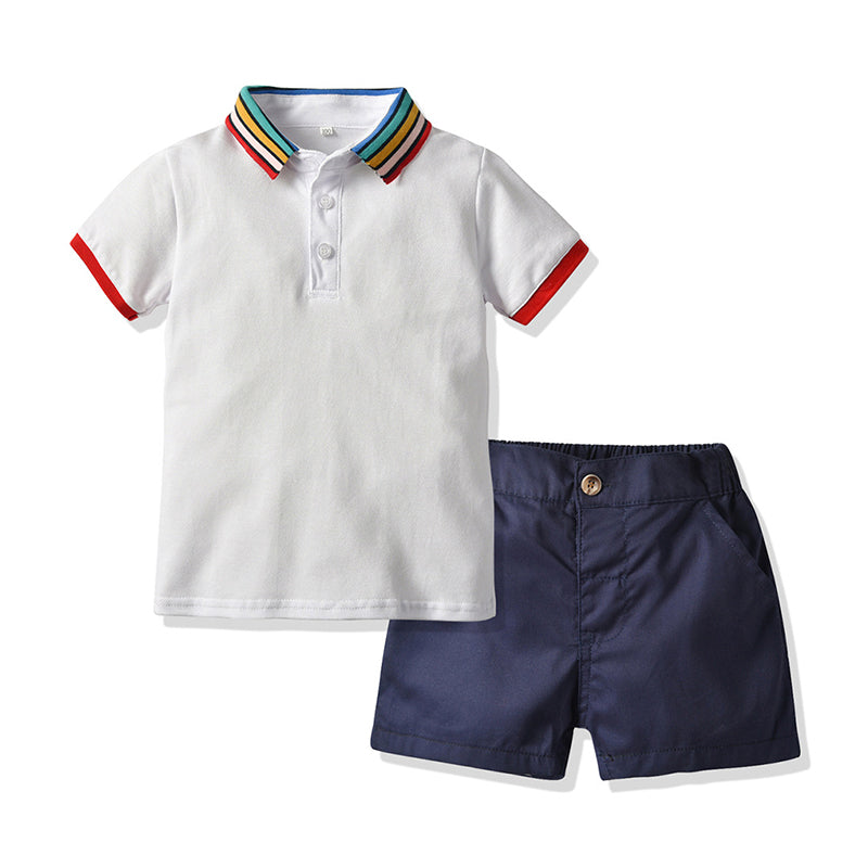 2 Pieces Set Baby Kid Boys Striped Polo Shirts And Solid Color Shorts Wholesale 22040742