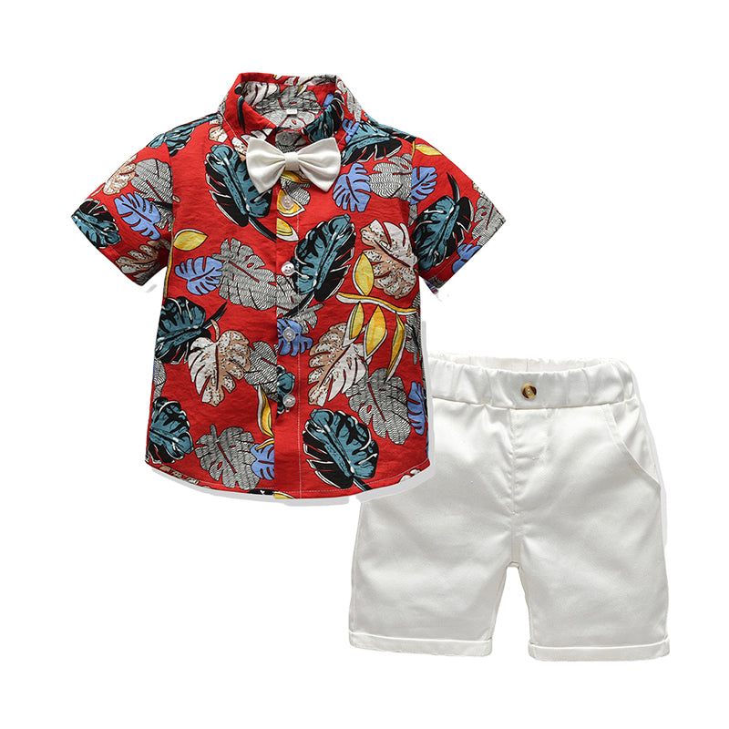 2 Pieces Set Baby Kid Boys Beach Tropical print Bow Shirts And Solid Color Shorts Suits Wholesale 22040743