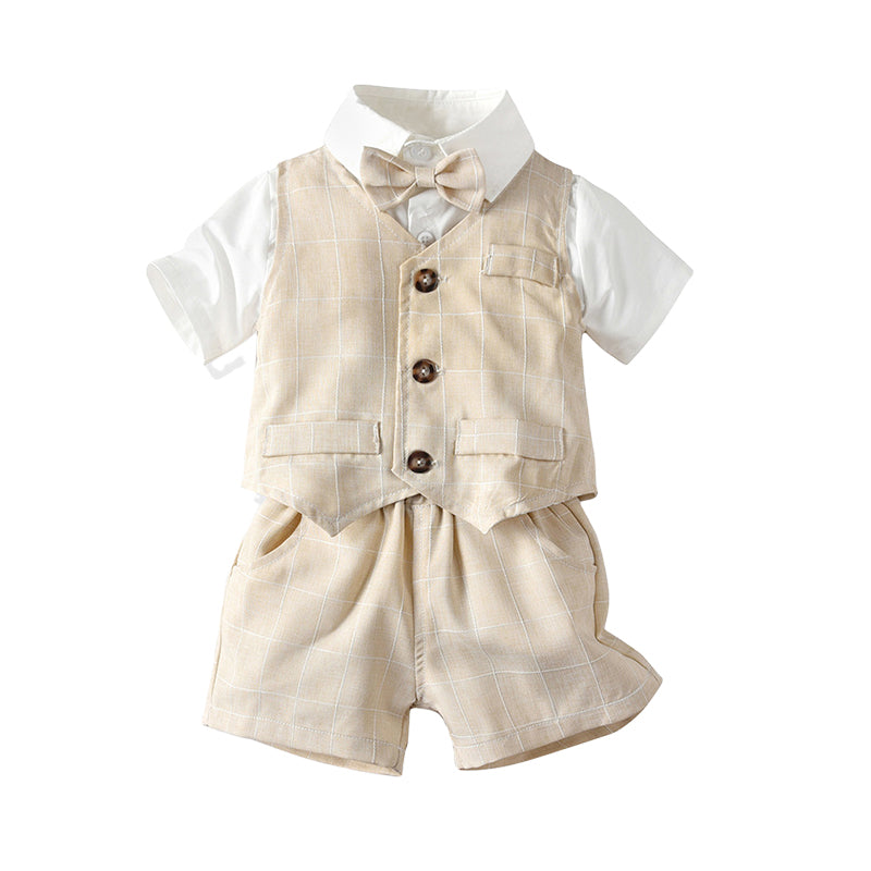 3 Pieces Set Baby Kid Boys Solid Color Bow Shirts And Checked Vests Waistcoats And Shorts Suits Wholesale 22040746