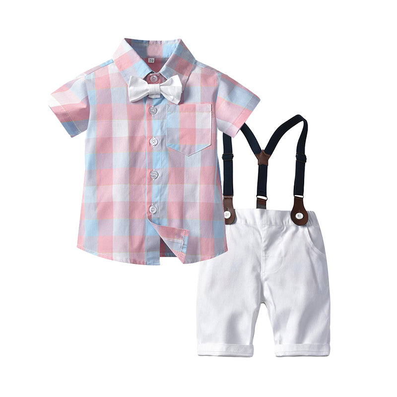 2 Pieces Set Baby Kid Boys Checked Bow Shirts And Solid Color Jumpsuits Suits Wholesale 22040747