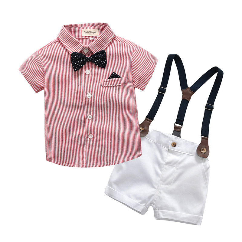 2 Pieces Set Baby Kid Boys Birthday Party Striped Bow Shirts And Color-blocking Rompers Wholesale 22040754