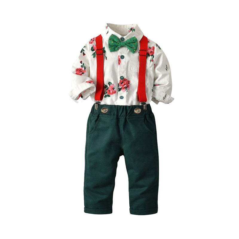 2 Pieces Set Baby Kid Boys Birthday Party Flower Bow Print Shirts And Color-blocking Jumpsuits Wholesale 22040755