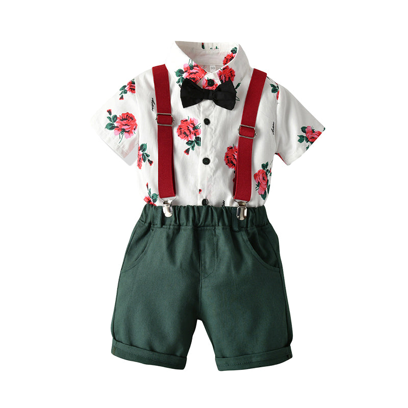 2 Pieces Set Baby Kid Boys Birthday Party Flower Bow Print Shirts And Solid Color Rompers Wholesale 22040756