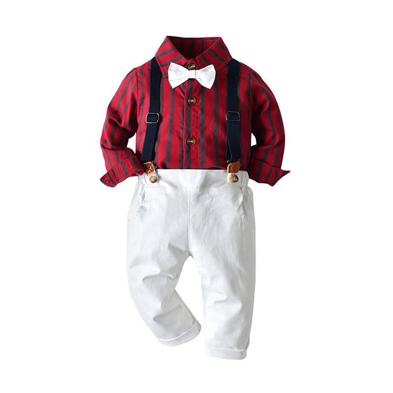2 Pieces Set Baby Kid Boys Birthday Party Striped Bow Shirts And Color-blocking Jumpsuits Wholesale 22040758
