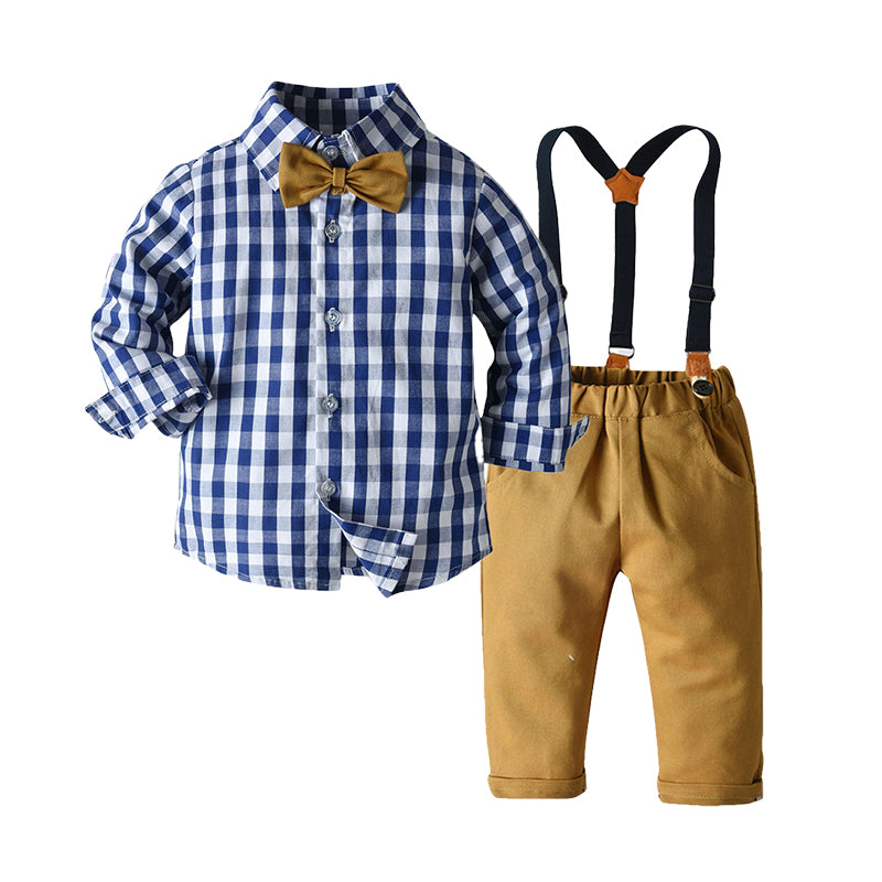 2 Pieces Set Baby Kid Boys Checked Bow Shirts And Color-blocking Jumpsuits Wholesale 22040764