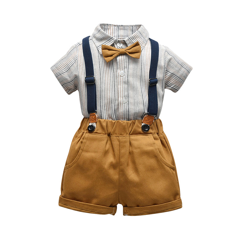 2 Pieces Set Baby Kid Boys Striped Bow Shirts And Color-blocking Rompers Wholesale 22040769