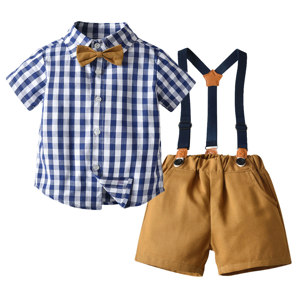 2 Pieces Set Baby Kid Boys Checked Shirts And Solid Color Rompers Wholesale 22040780