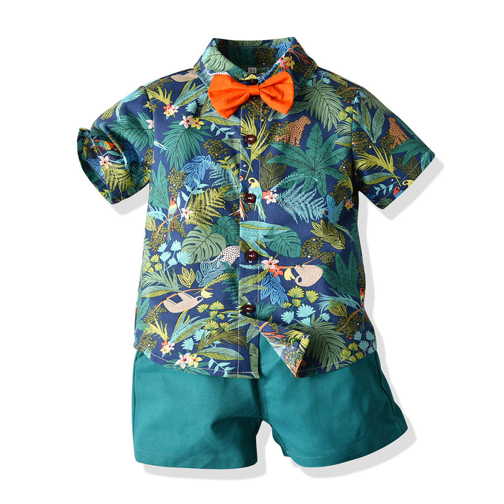 2 Pieces Set Baby Kid Boys Plant Bow Print Shirts And Shorts Wholesale 22040782