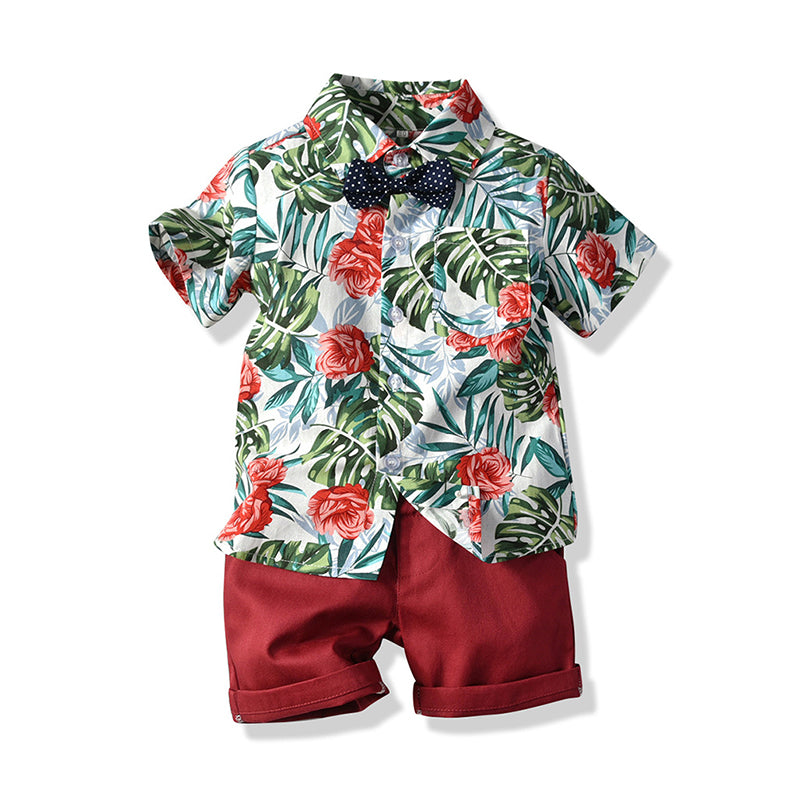 2 Pieces Set Baby Kid Boys Flower Bow Print Shirts And Shorts Wholesale 22040783