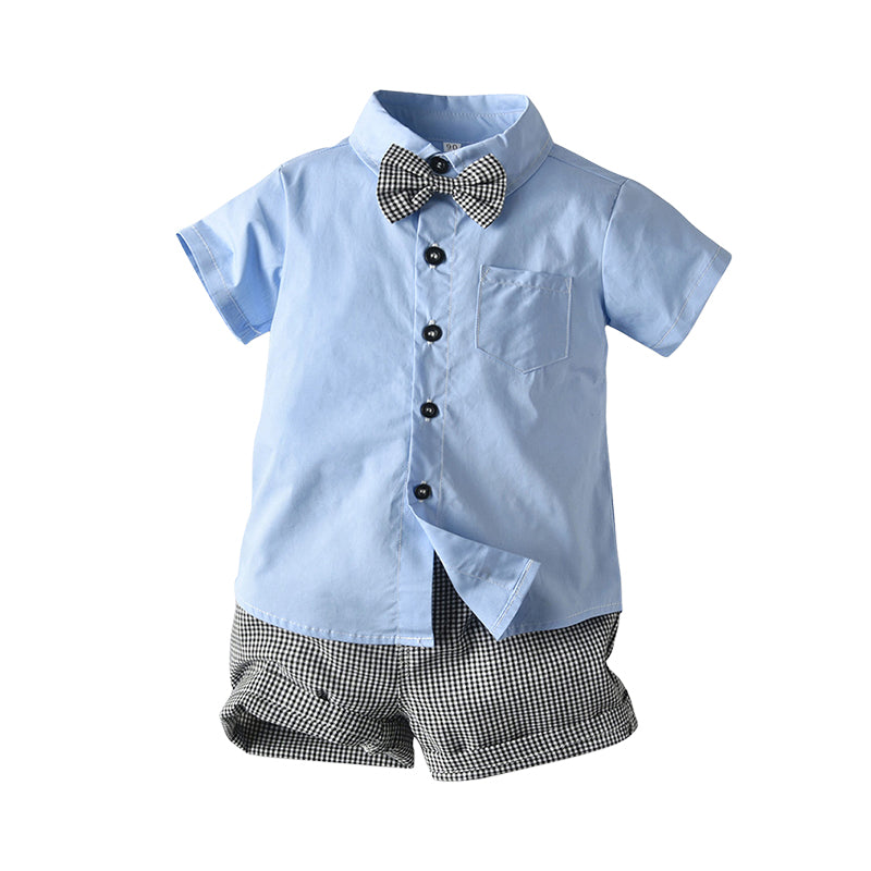 2 Pieces Set Baby Kid Boys Bow Shirts And Checked Shorts Wholesale 22040786