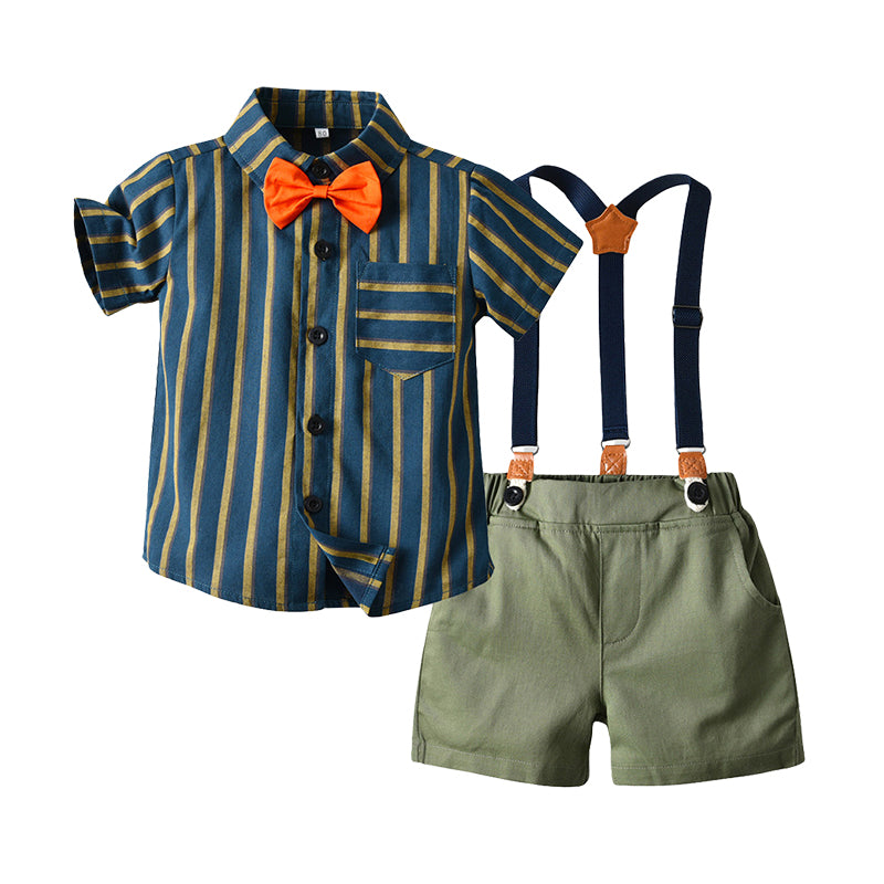 2 Pieces Set Baby Kid Boys Birthday Party Striped Bow Shirts And Solid Color Rompers Wholesale 22040793