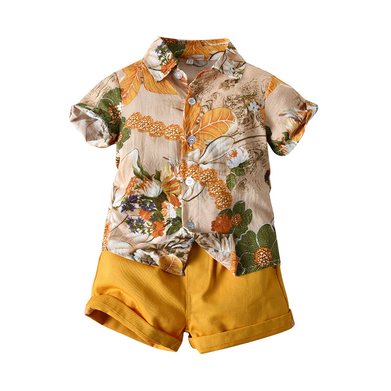 2 Pieces Set Baby Kid Boys Beach Flower Tropical Plant Shirts And Solid Color Shorts Wholesale 22040794