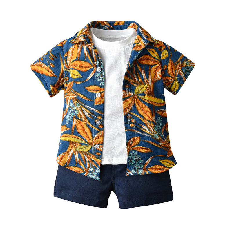 3 Pieces Set Baby Kid Boys Beach Solid Color T-Shirts And Flower Plant Print Shirts And Shorts Wholesale 22040796