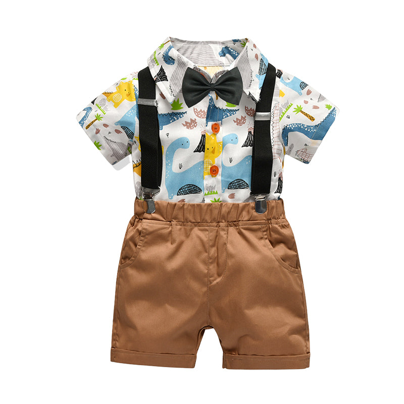 2 Pieces Set Baby Kid Boys Flower Cartoon Bow Print Shirts And Solid Color Shorts Suits Wholesale 220411238