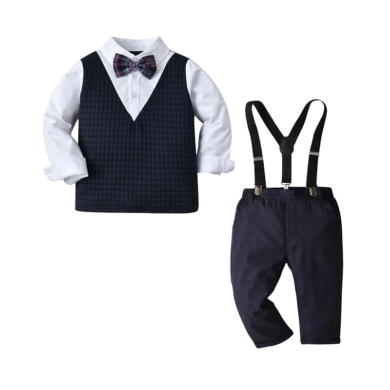 2 Pieces Set Baby Kid Boys Dressy Color-blocking Bow Shirts And Solid Color Jumpsuits Wholesale 220411338