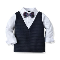 Load image into Gallery viewer, 2 Pieces Set Baby Kid Boys Dressy Color-blocking Bow Shirts And Solid Color Jumpsuits Wholesale 220411338
