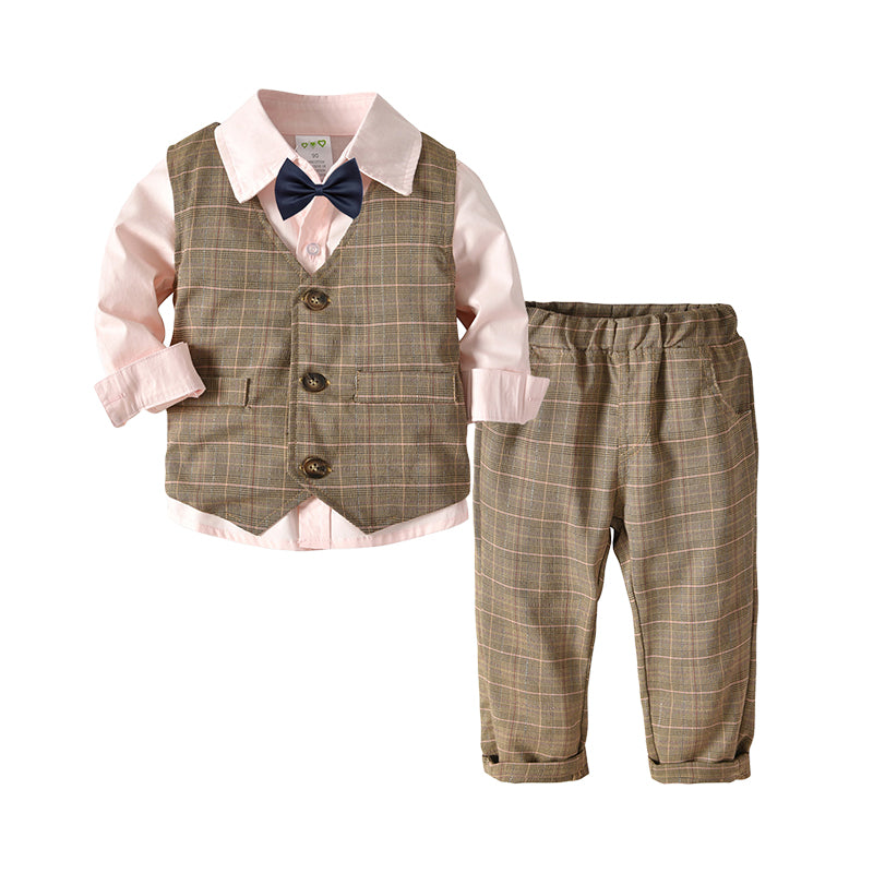 3 Pieces Set Baby Kid Boys Birthday Party Bow Shirts Checked Vests Waistcoats And Pants Wholesale 22041143