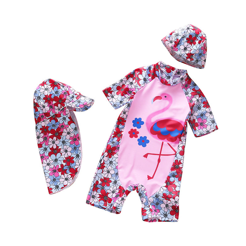 Kid Girls Flower Flamingo Cartoon Print Beach Jumpsuits Swimwears Wholesale 220411448