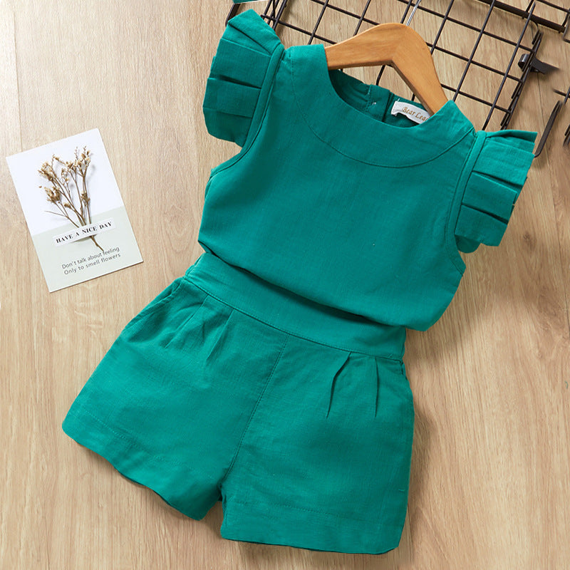 2 Pieces Set Baby Kid Girls Solid Color Tops And Shorts Wholesale 22041206