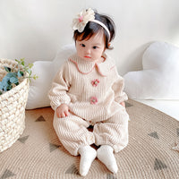 Load image into Gallery viewer, Baby Girls Solid Color Flower Muslin&amp;Ribbed Jumpsuits Wholesale 220412104
