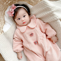 Load image into Gallery viewer, Baby Girls Solid Color Flower Muslin&amp;Ribbed Jumpsuits Wholesale 220412104
