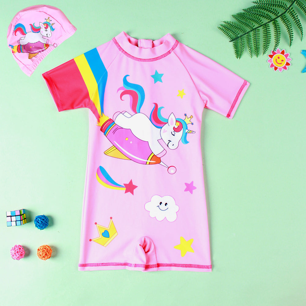 Kid Girls Cartoon Star Unicorn Print Beach Jumpsuits Swimwears Wholesale 220412136