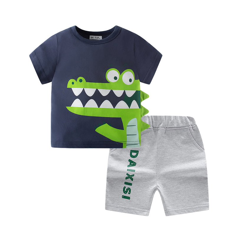 2 Pieces Set Baby Kid Boys Dinosaur Cartoon Print T-Shirts And Letters Shorts Wholesale 220412385