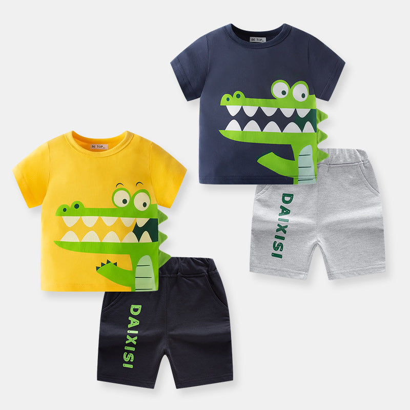 2 Pieces Set Baby Kid Boys Dinosaur Cartoon Print T-Shirts And Letters Shorts Wholesale 220412385