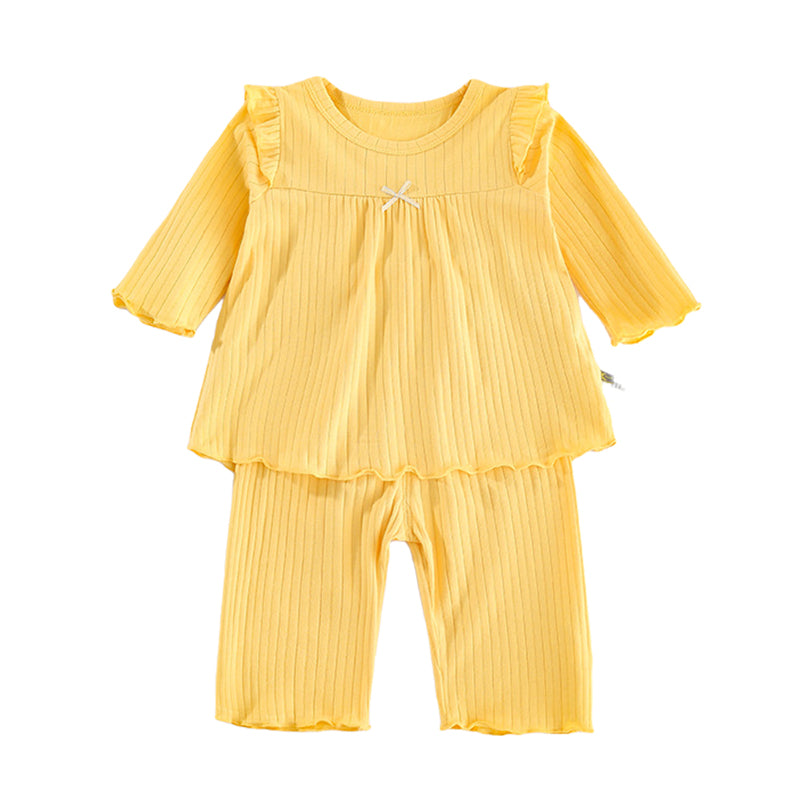 2 Pieces Set Baby Girls Solid Color Muslin&Ribbed Tops And Pants Wholesale 220412426