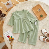 Load image into Gallery viewer, 2 Pieces Set Baby Girls Solid Color Muslin&amp;Ribbed Tops And Pants Wholesale 220412426
