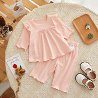 Load image into Gallery viewer, 2 Pieces Set Baby Girls Solid Color Muslin&amp;Ribbed Tops And Pants Wholesale 220412426
