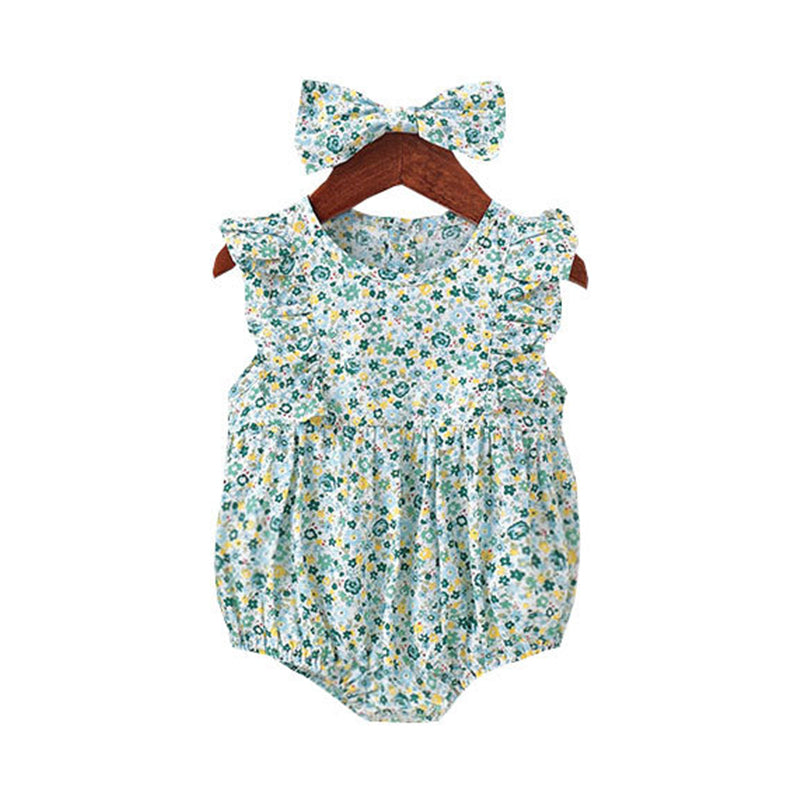 Baby Girls Flower Bow Print Rompers Wholesale 22041292