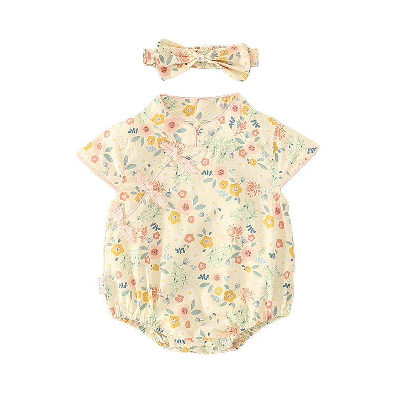 Baby Girls Flower Print Rompers And Accessories Bow Headwear Wholesale 220414175