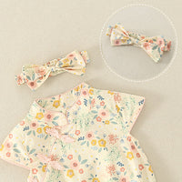 Load image into Gallery viewer, Baby Girls Flower Print Rompers And Accessories Bow Headwear Wholesale 220414175
