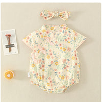 Load image into Gallery viewer, Baby Girls Flower Print Rompers And Accessories Bow Headwear Wholesale 220414175
