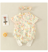 Load image into Gallery viewer, Baby Girls Flower Print Rompers And Accessories Bow Headwear Wholesale 220414175

