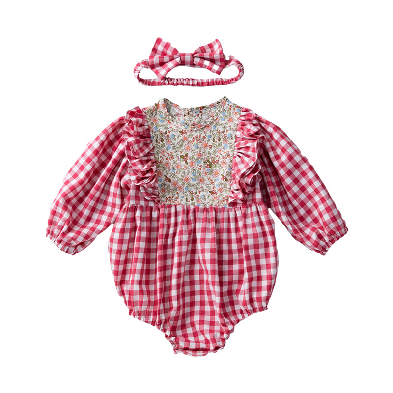 Baby Girls Flower Checked Print Rompers Wholesale 220414210