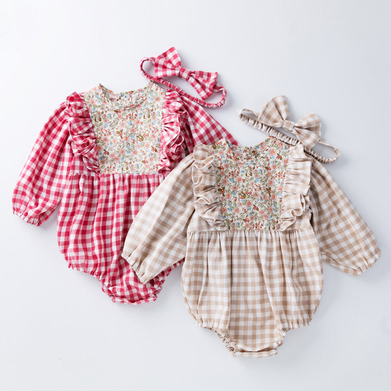 Baby Girls Flower Checked Print Rompers Wholesale 220414210
