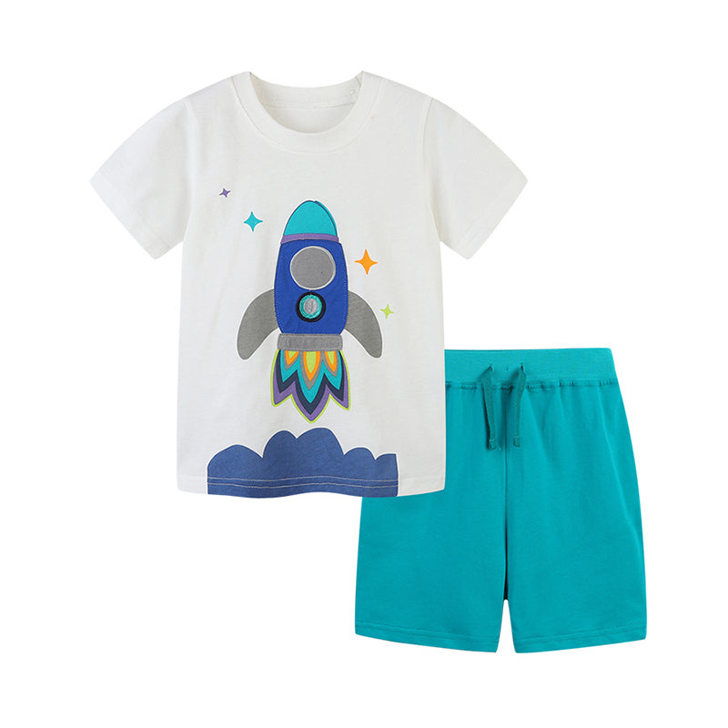 2 Pieces Set Baby Kid Boys Cartoon Print T-Shirts And Solid Color Shorts Wholesale 220414282